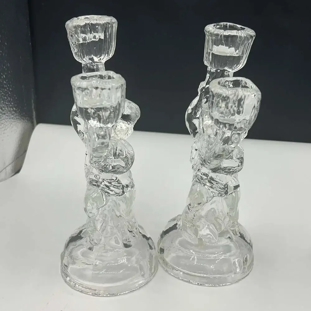 Vintage Clear Glass Cherub Angel 2 Arms Candle Holder Set of 2 - ,Beautiful